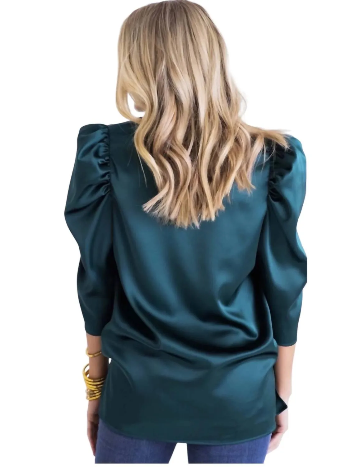 Forest V-Neck Puff Sleeve Top In Teal