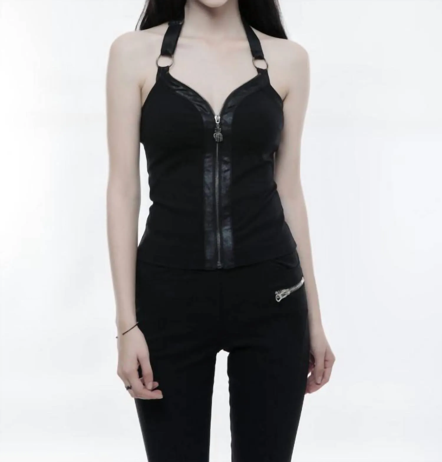 Halter Zip Up Punk Vest In Black