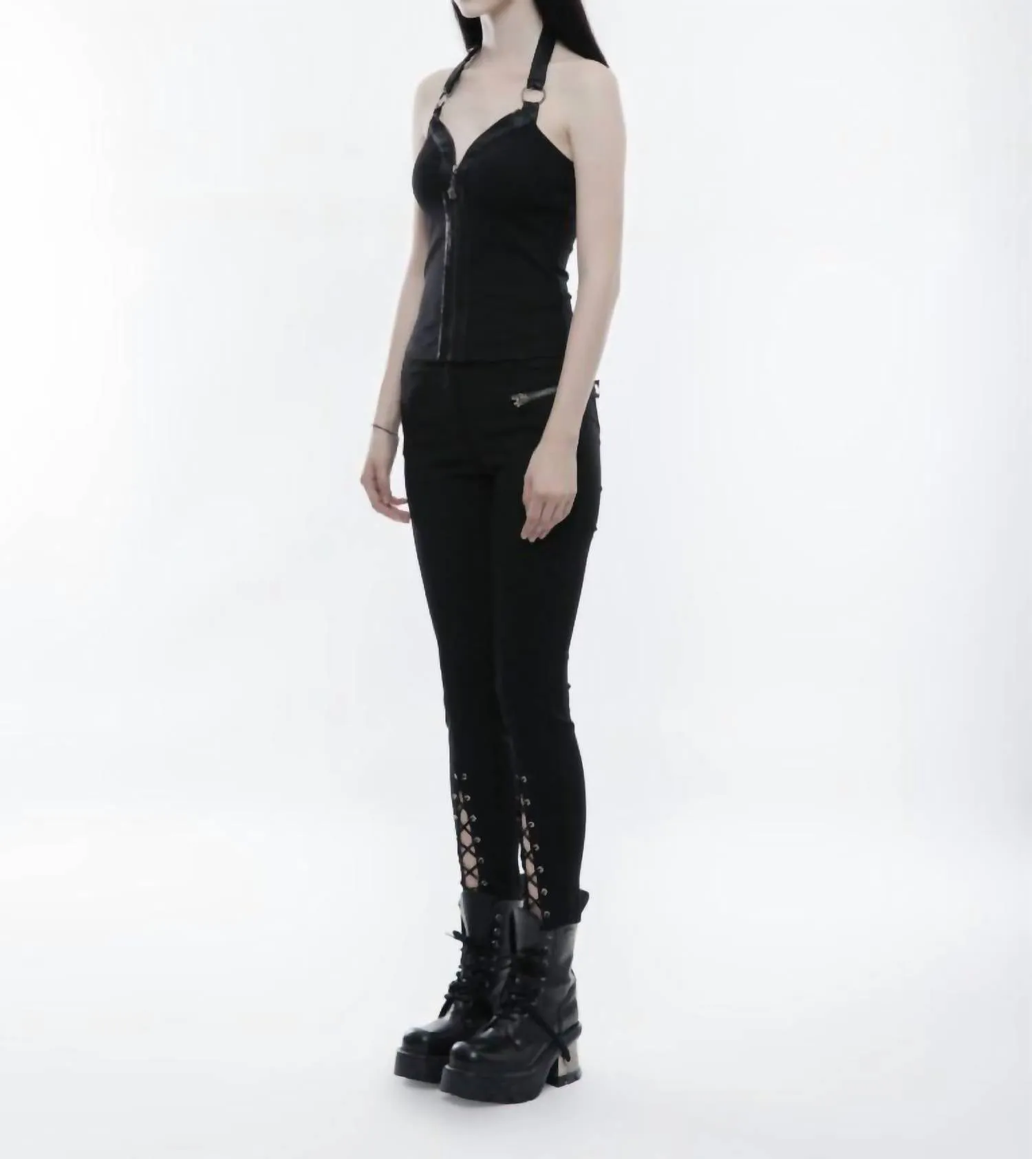 Halter Zip Up Punk Vest In Black