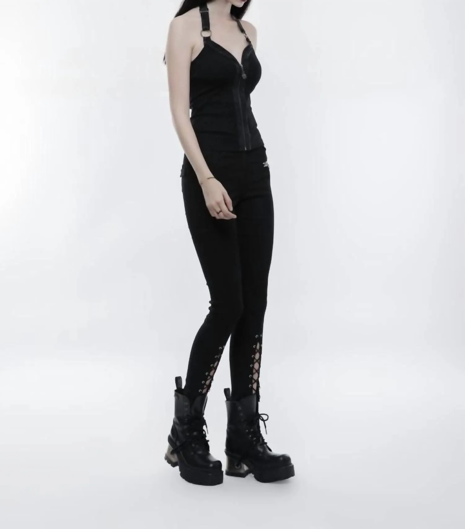 Halter Zip Up Punk Vest In Black