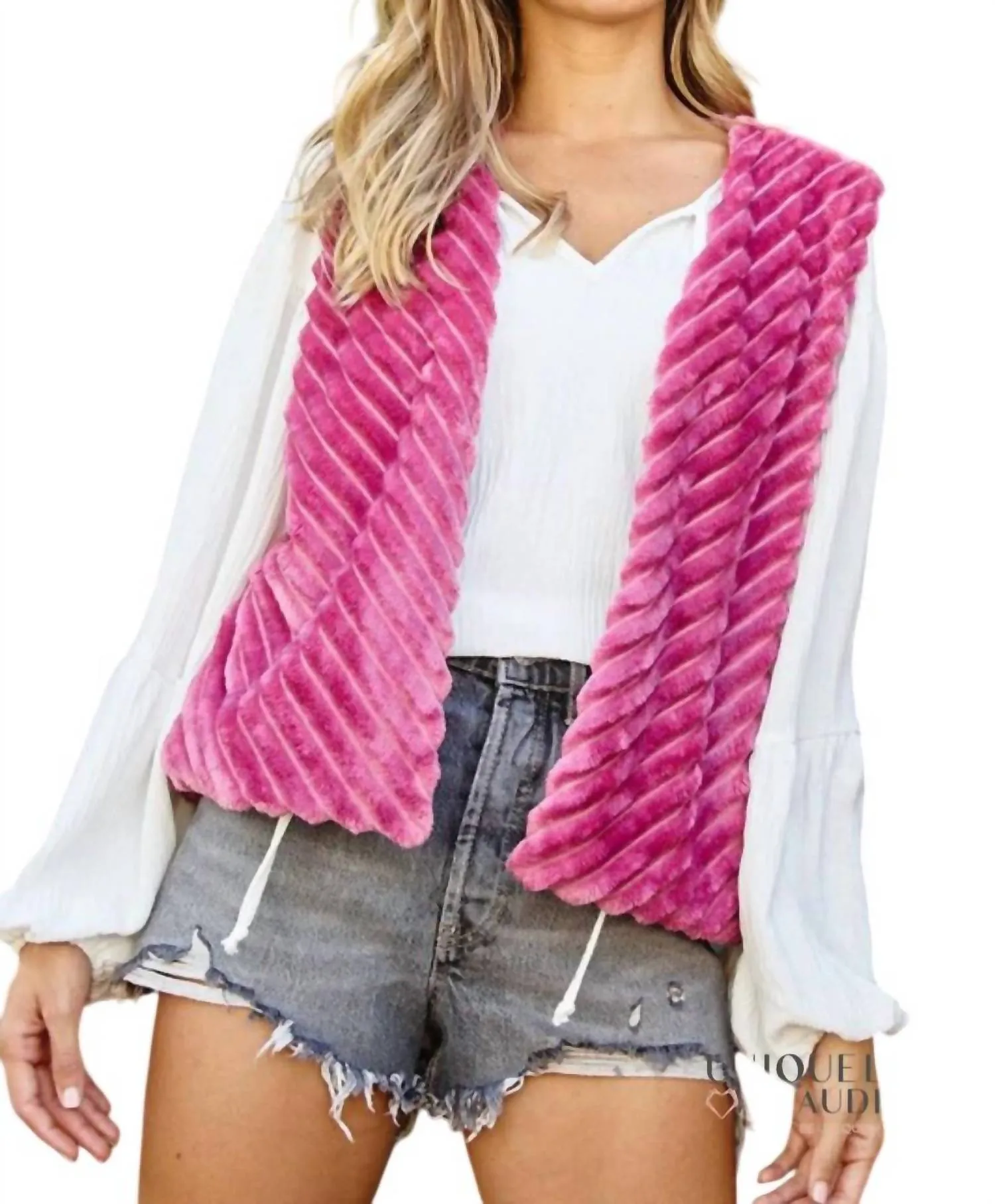 Hannah Faux Fur & Velour Reversible Vest In Magenta Multi