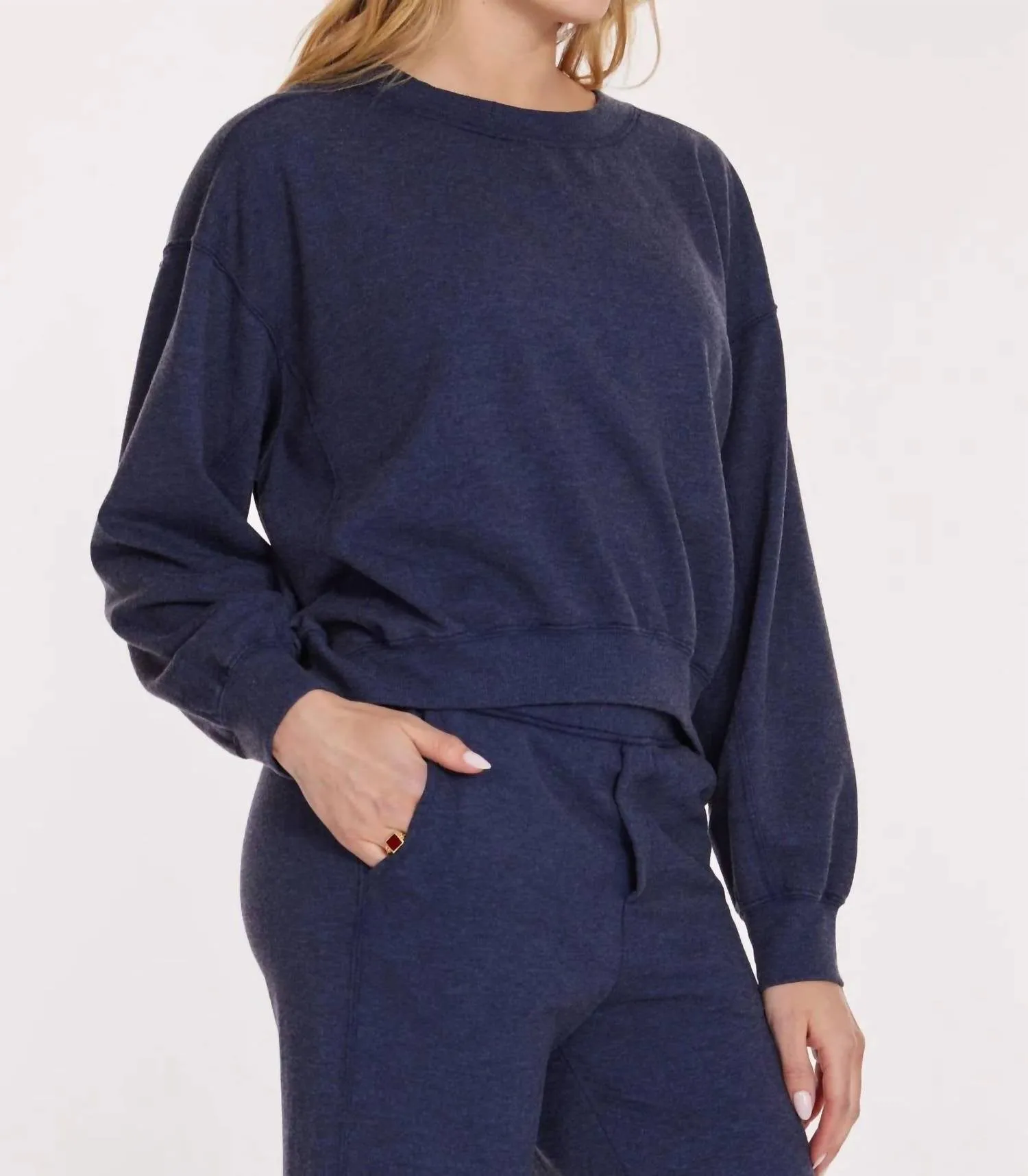 Heathered Cropped Seamed Sweatshirt In Navy