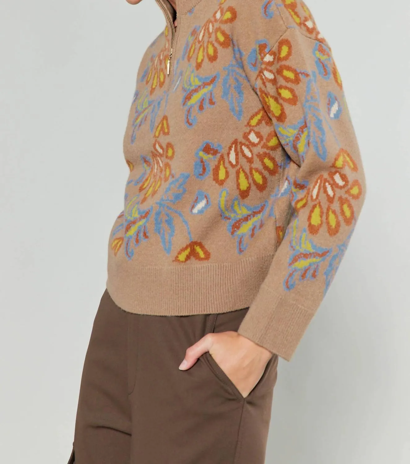 Jacquered Half Zip Sweater In Taupe Multi