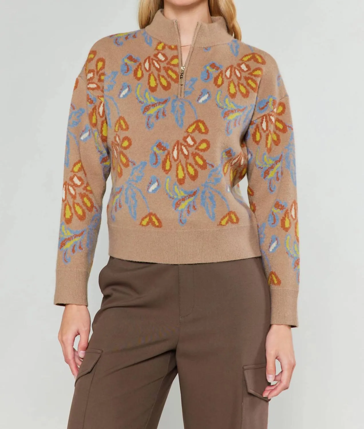 Jacquered Half Zip Sweater In Taupe Multi