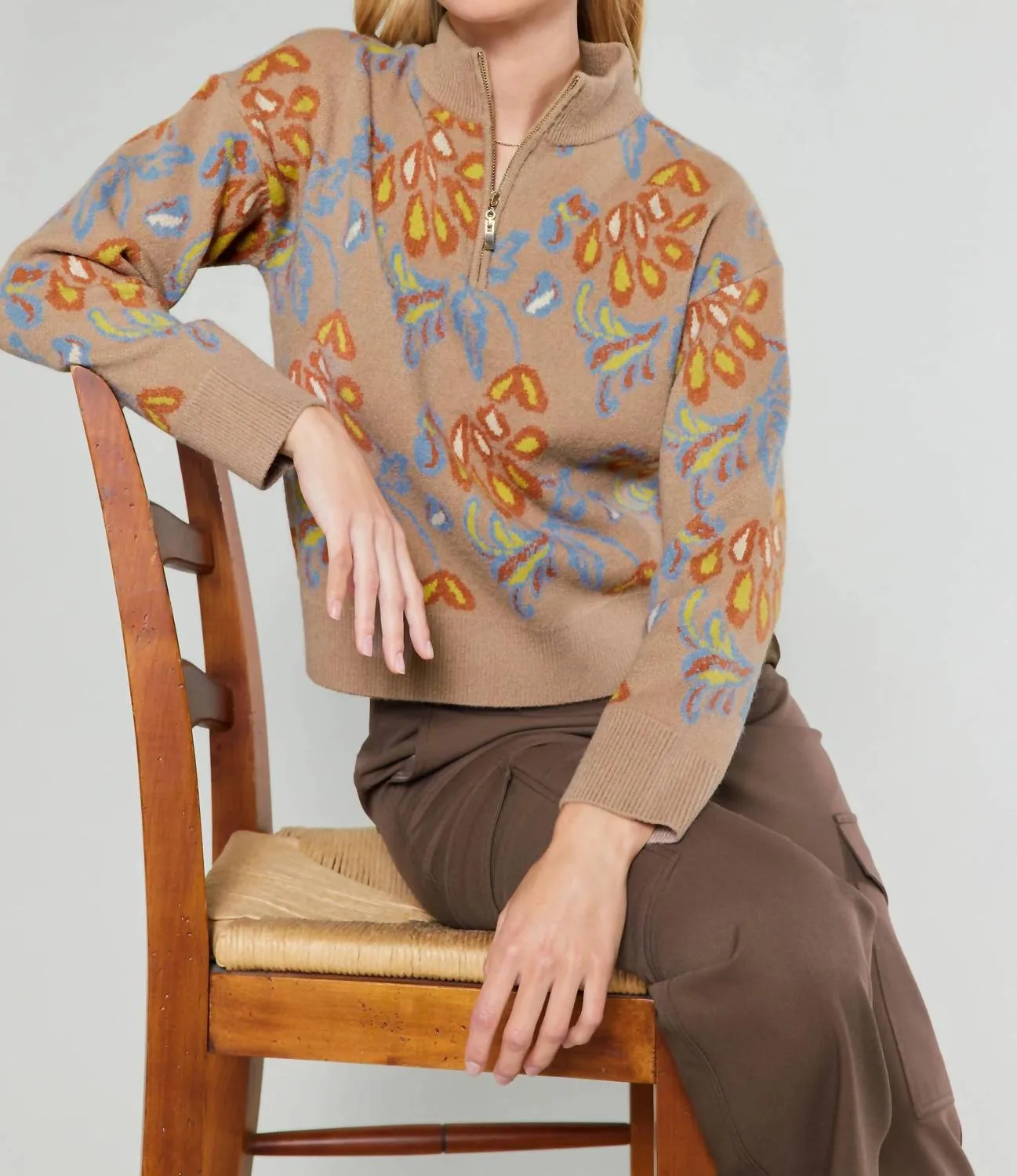 Jacquered Half Zip Sweater In Taupe Multi