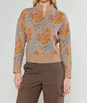 Jacquered Half Zip Sweater In Taupe Multi