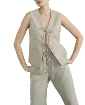 Jane Bow Tie Vest In Beige