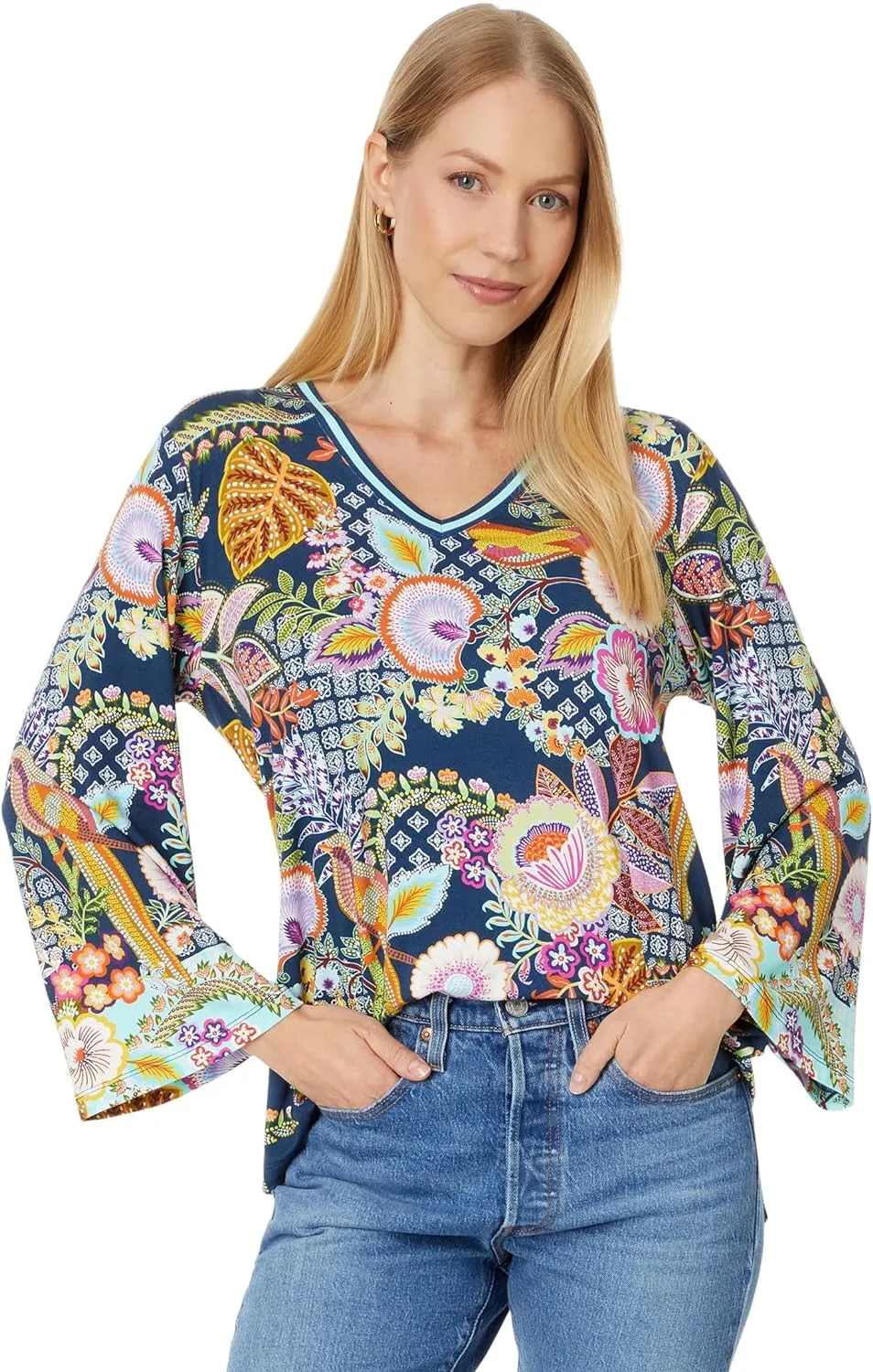 Johnny Was Women's The Janie Favorite V-Neck Kimono Sleeve Tee-Wild, Multicolor