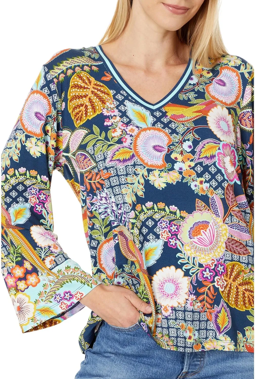 Johnny Was Women's The Janie Favorite V-Neck Kimono Sleeve Tee-Wild, Multicolor