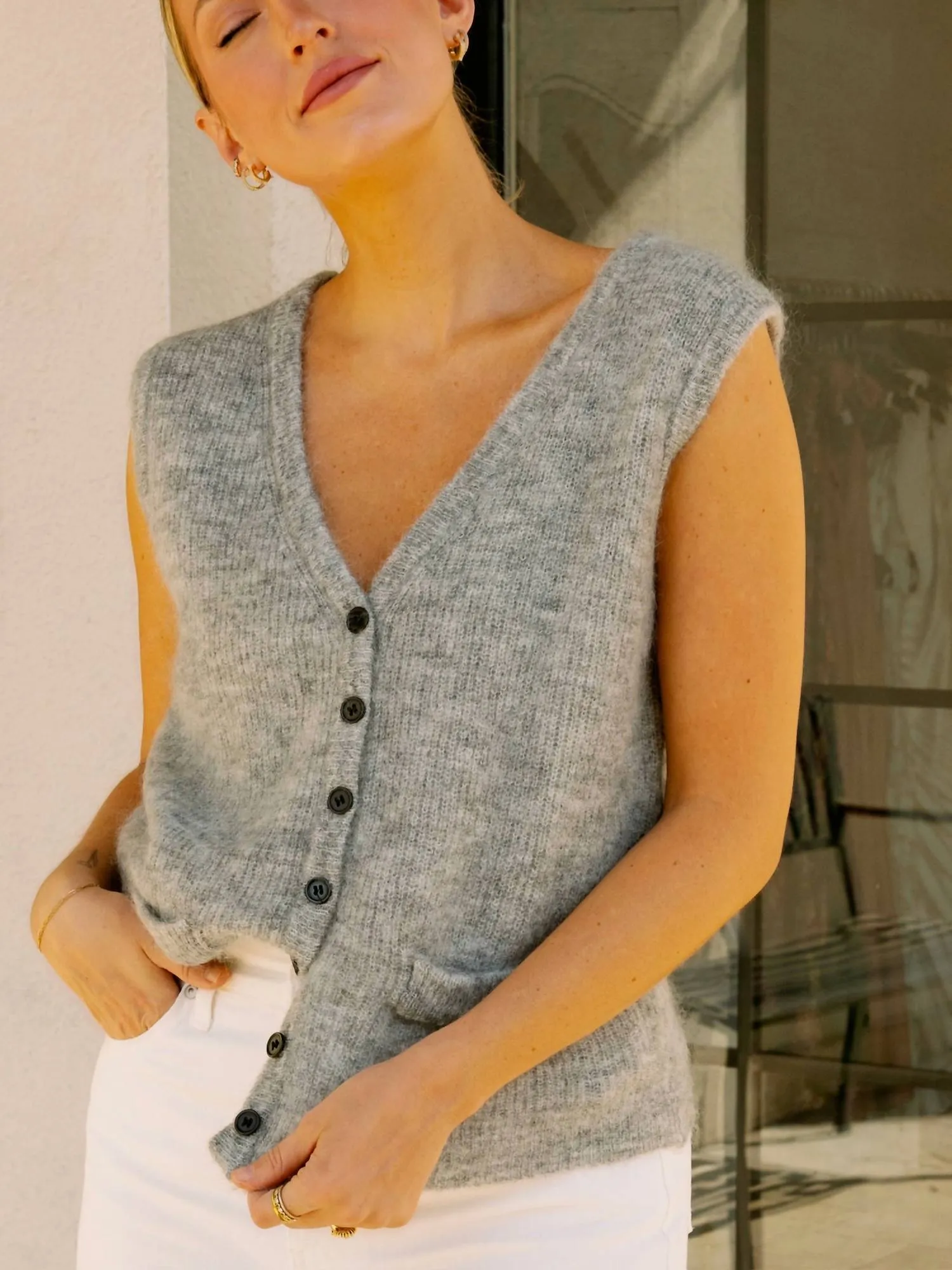 Kiara Wool Knit Buttoned Vest In Grey