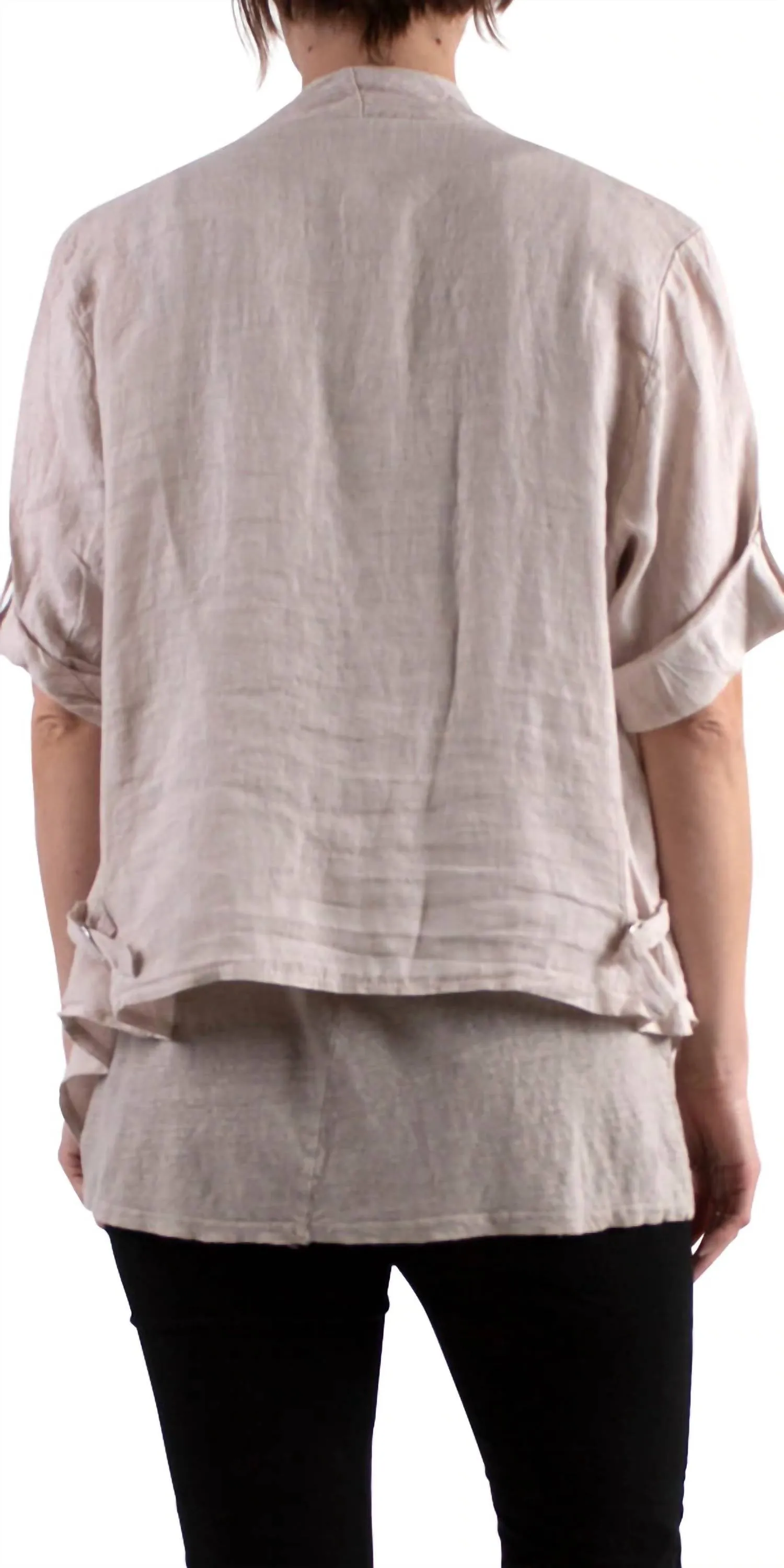 Leggera Linen Open Front Jacket With Cuffed Sleeves In Beige