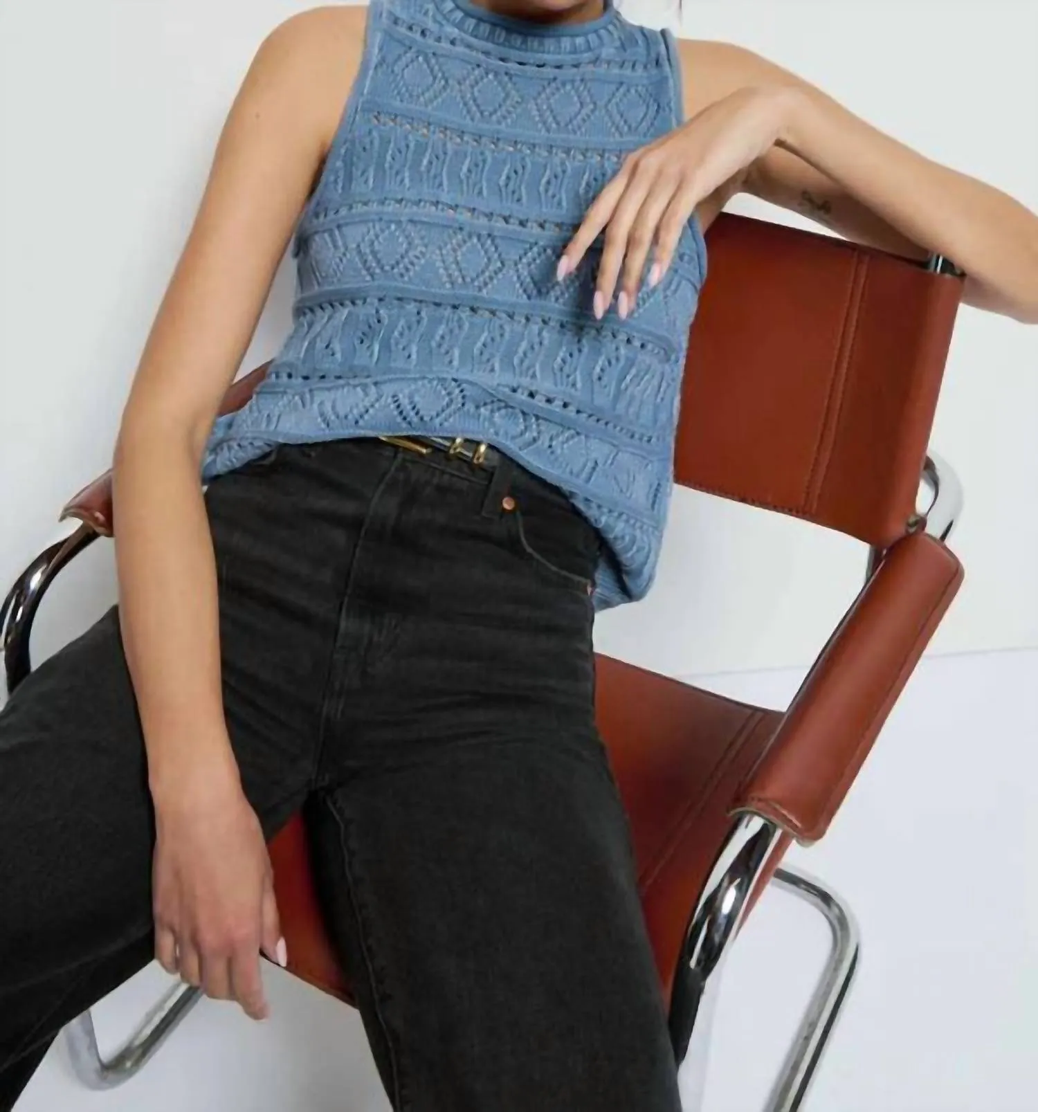 Lina Pointelle Top In Faded Denim