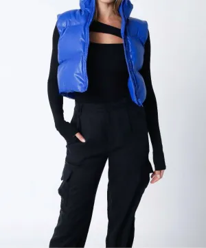 Liza Faux Leather Cropped Puffer Vest In Royal Blue
