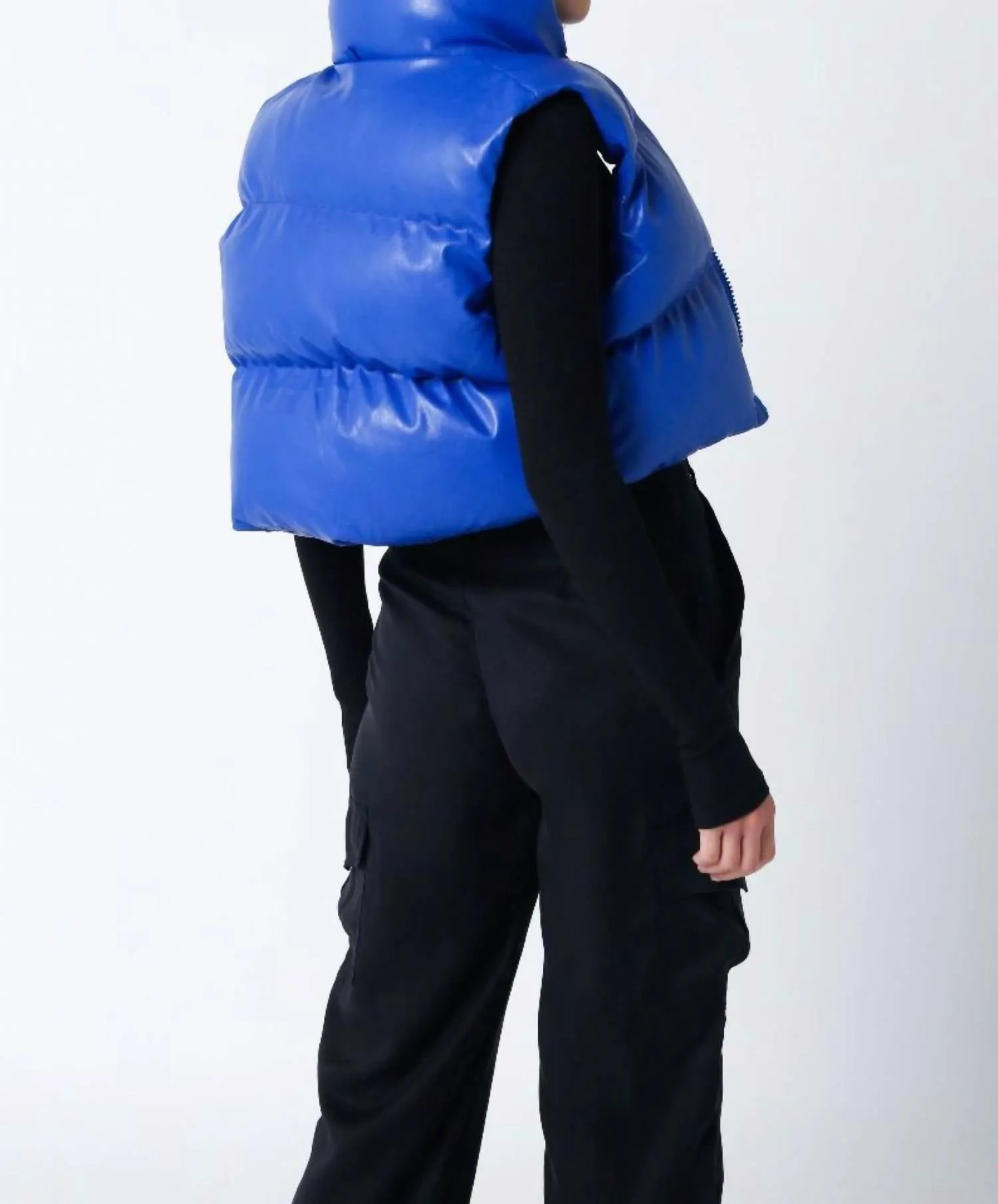 Liza Faux Leather Cropped Puffer Vest In Royal Blue