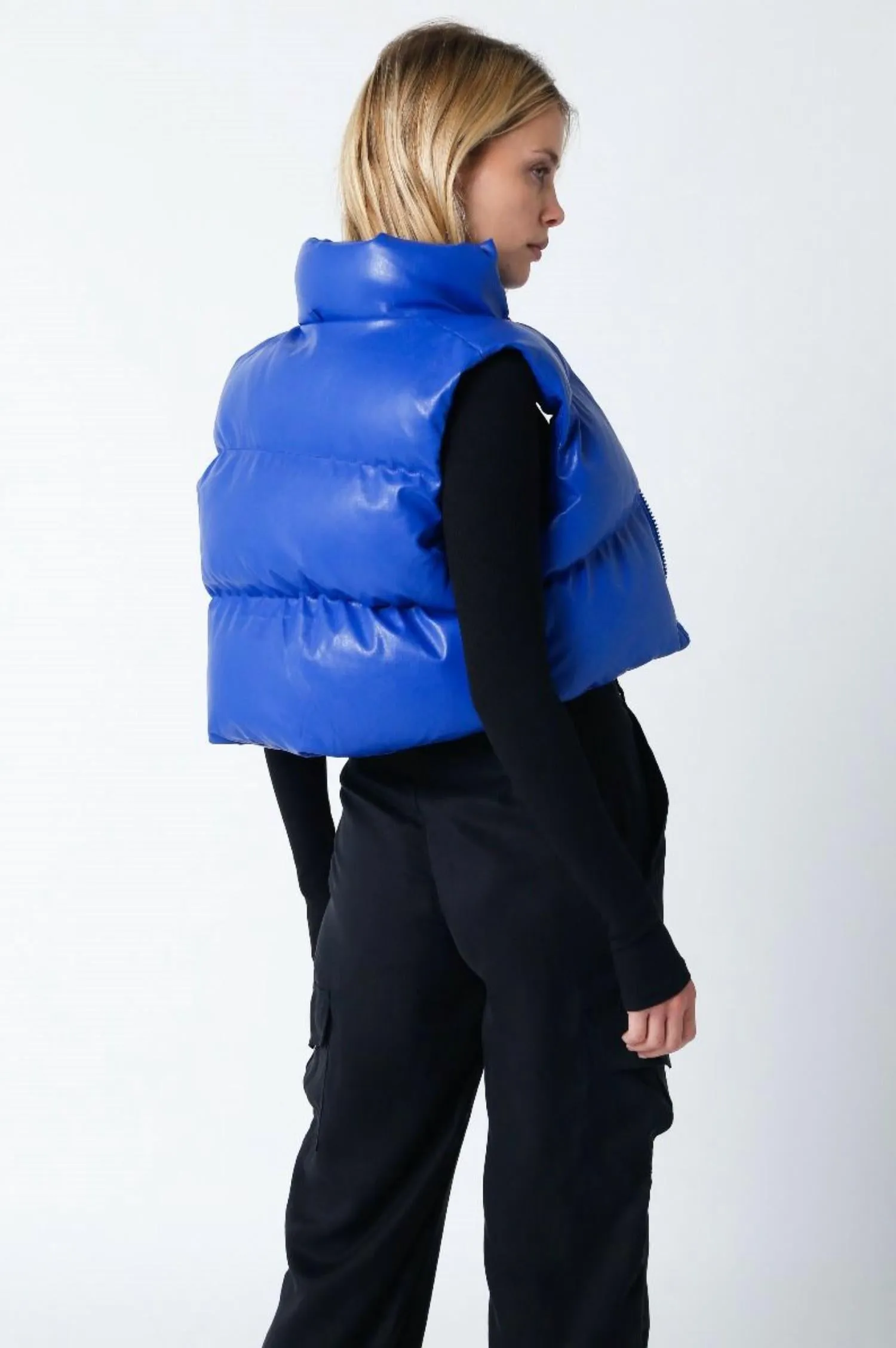 Liza Faux Leather Cropped Puffer Vest In Royal Blue