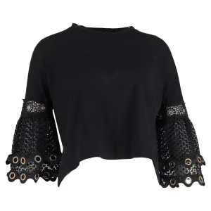 Maje Tya Grommeted Lace Cuff Top in Black Cotton