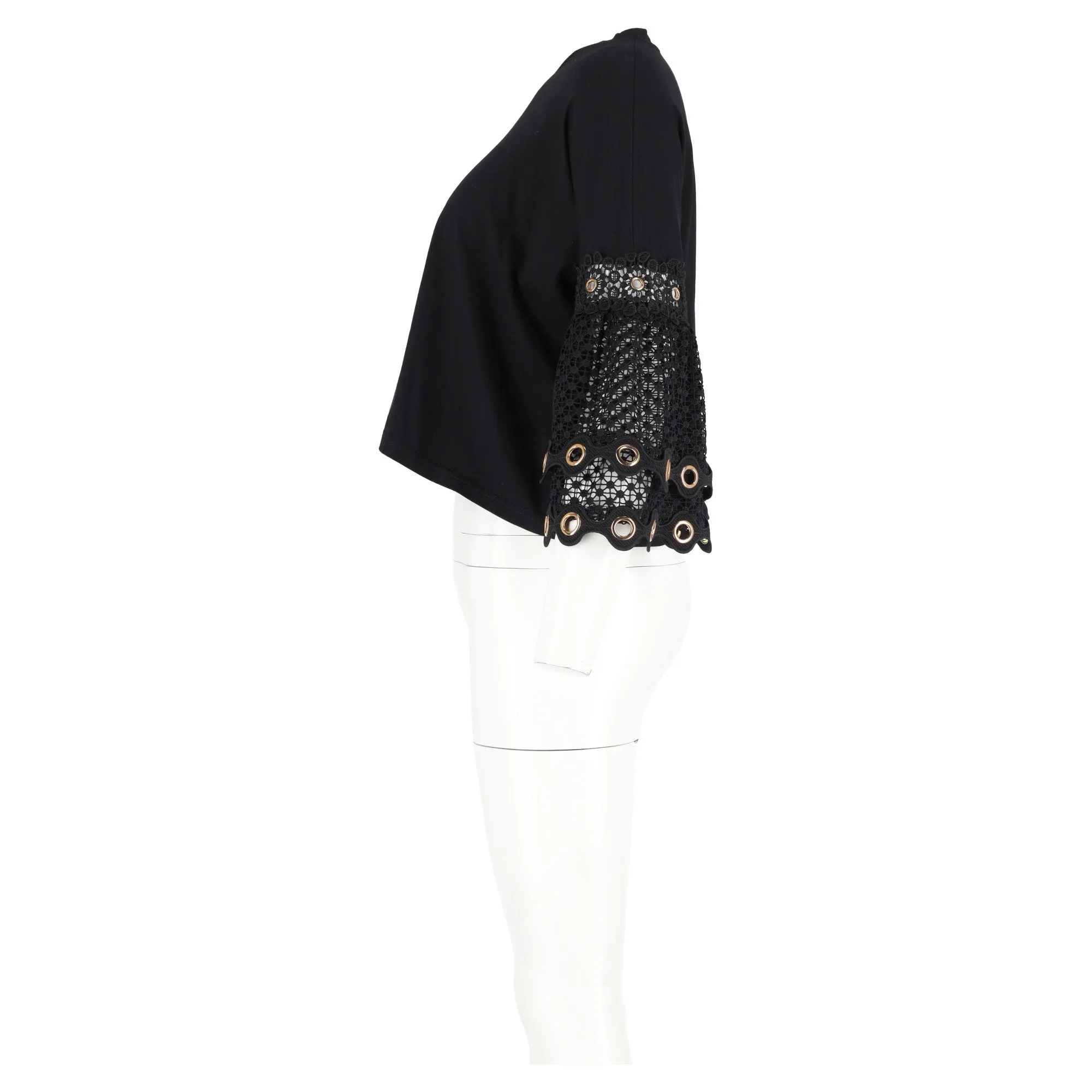 Maje Tya Grommeted Lace Cuff Top in Black Cotton