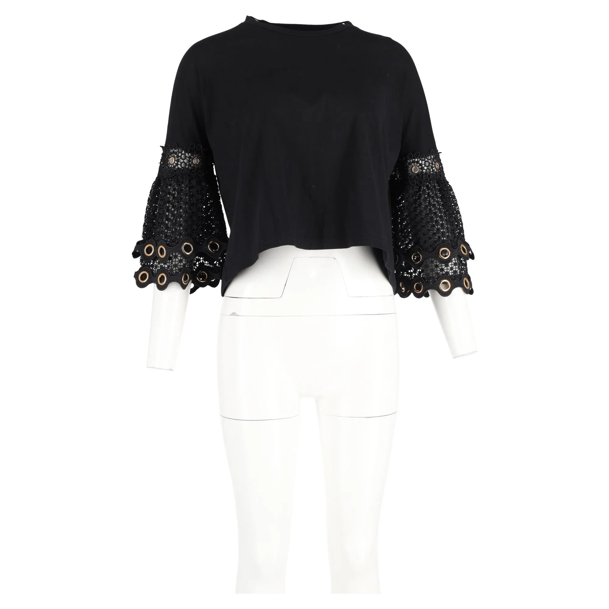 Maje Tya Grommeted Lace Cuff Top in Black Cotton