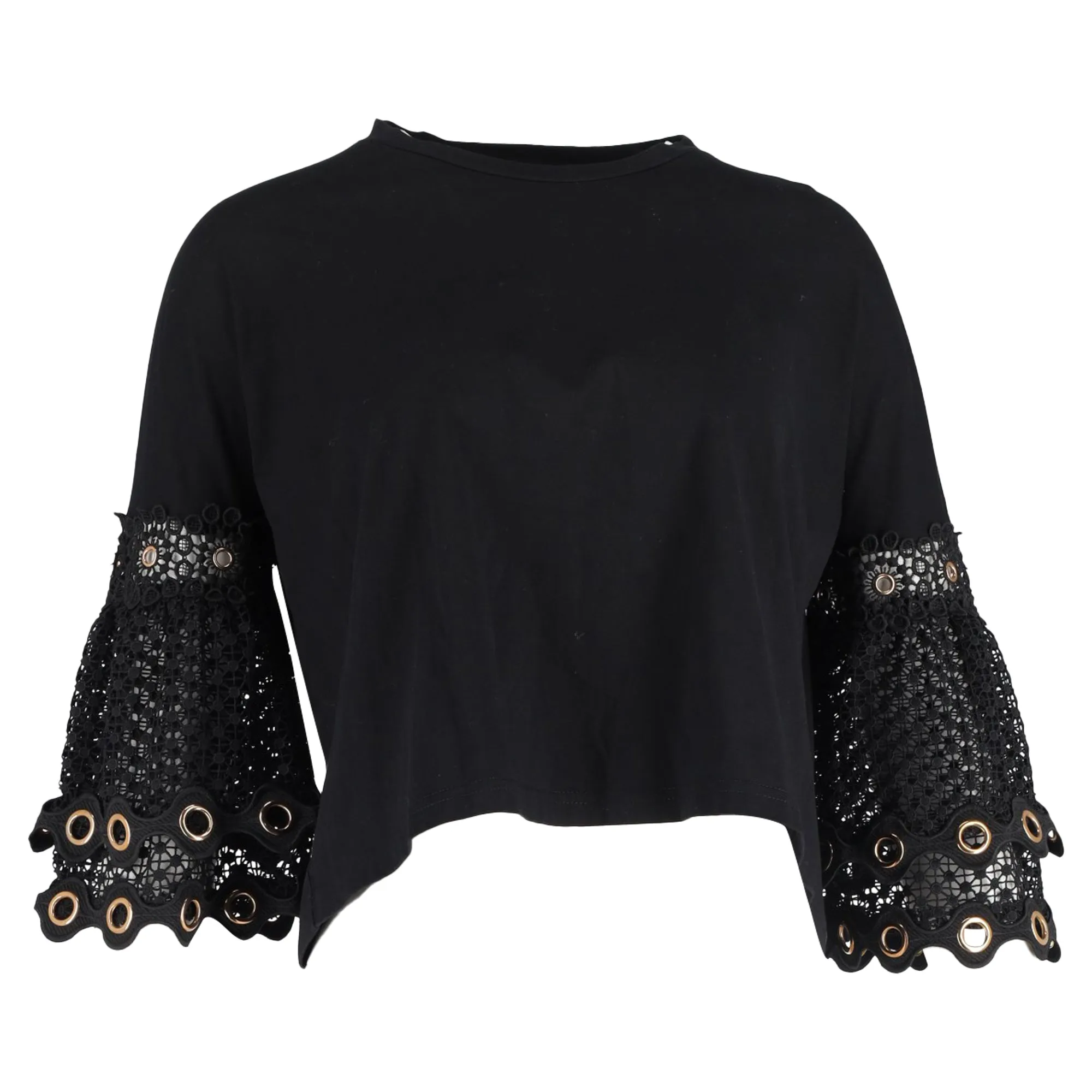 Maje Tya Grommeted Lace Cuff Top in Black Cotton