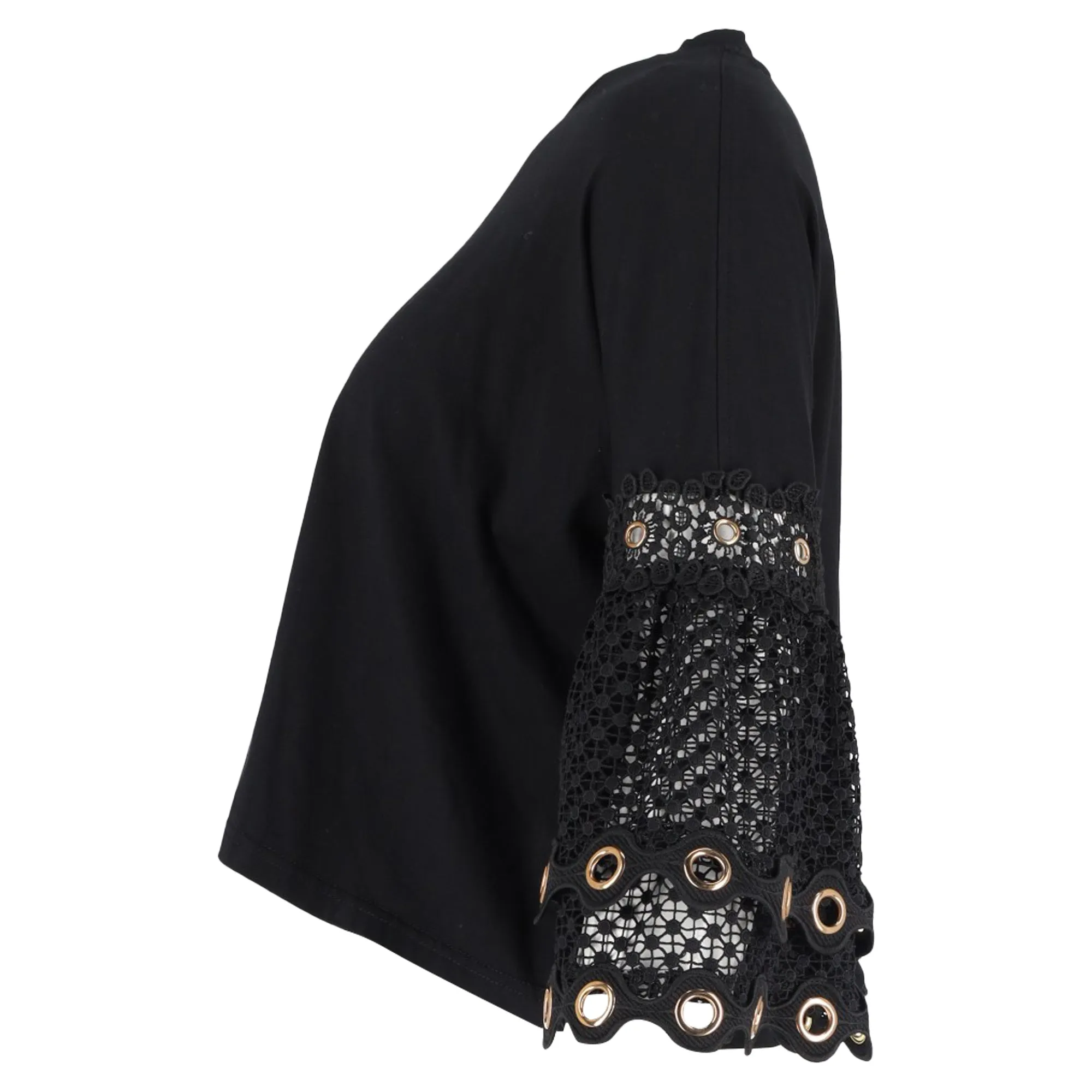 Maje Tya Grommeted Lace Cuff Top in Black Cotton