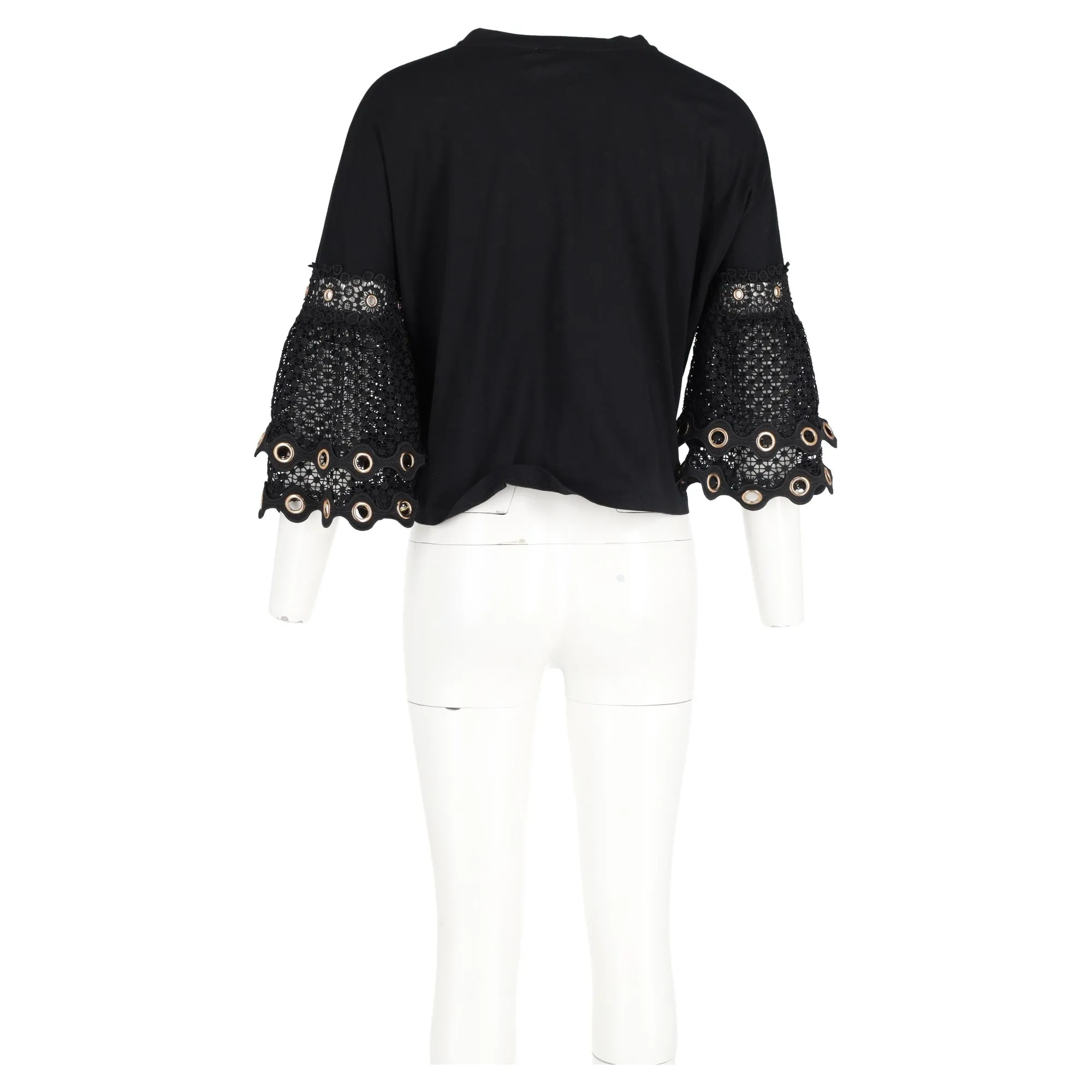 Maje Tya Grommeted Lace Cuff Top in Black Cotton