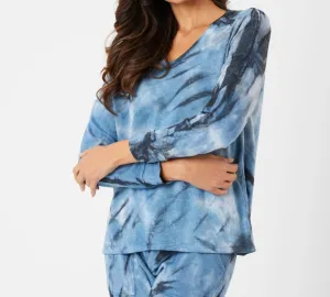 Marble Wash Long Sleeve V-Neck Top In Denim