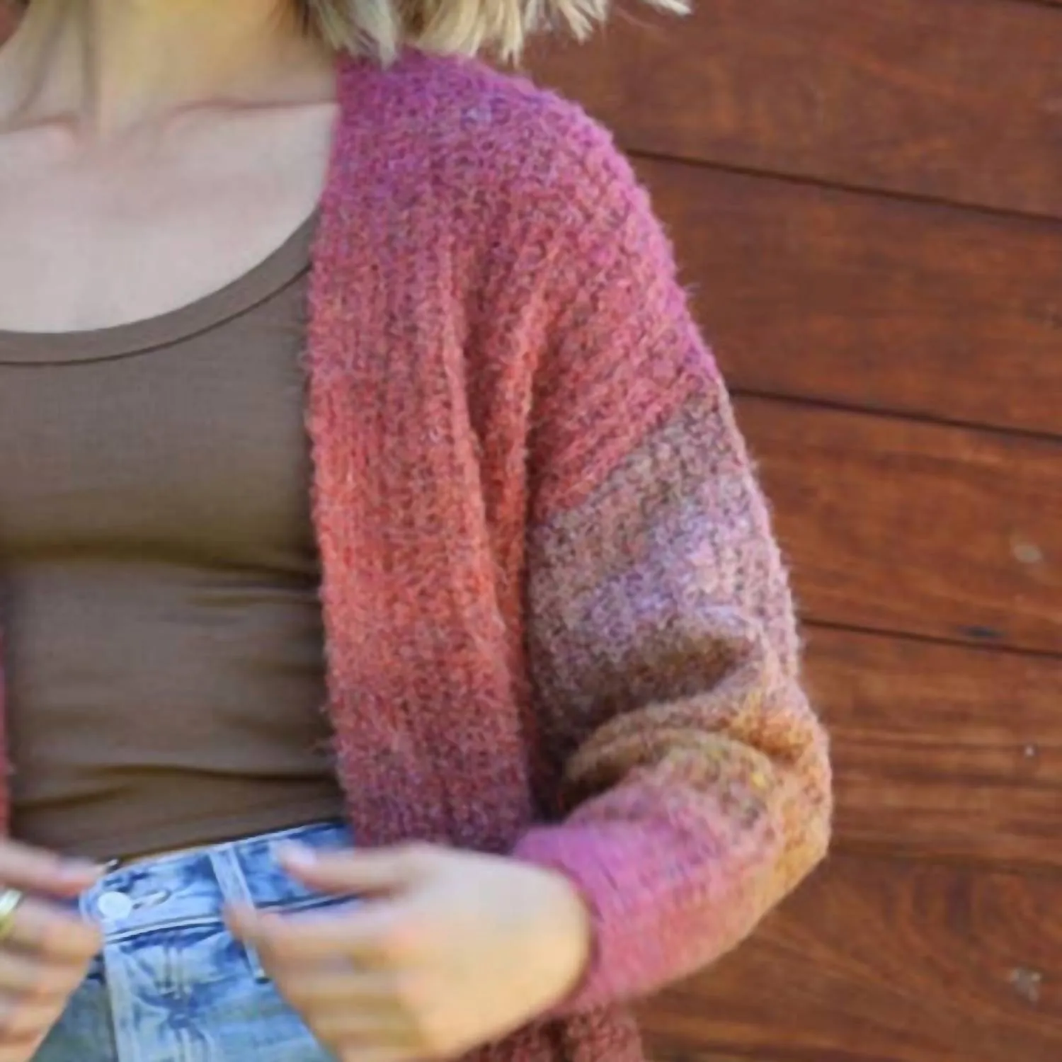 Marled Chunky Knit Cardigan With Pockets In Sunset