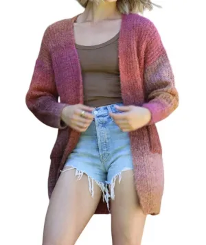 Marled Chunky Knit Cardigan With Pockets In Sunset