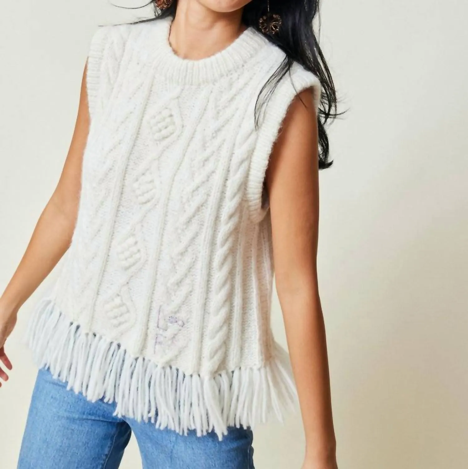 Mavis Fringe Knit Vest In Ivory