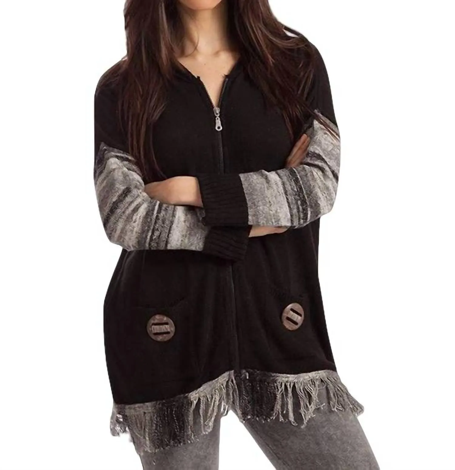 Mckenna Zip Hoodie W/ Fringe In Black Multi