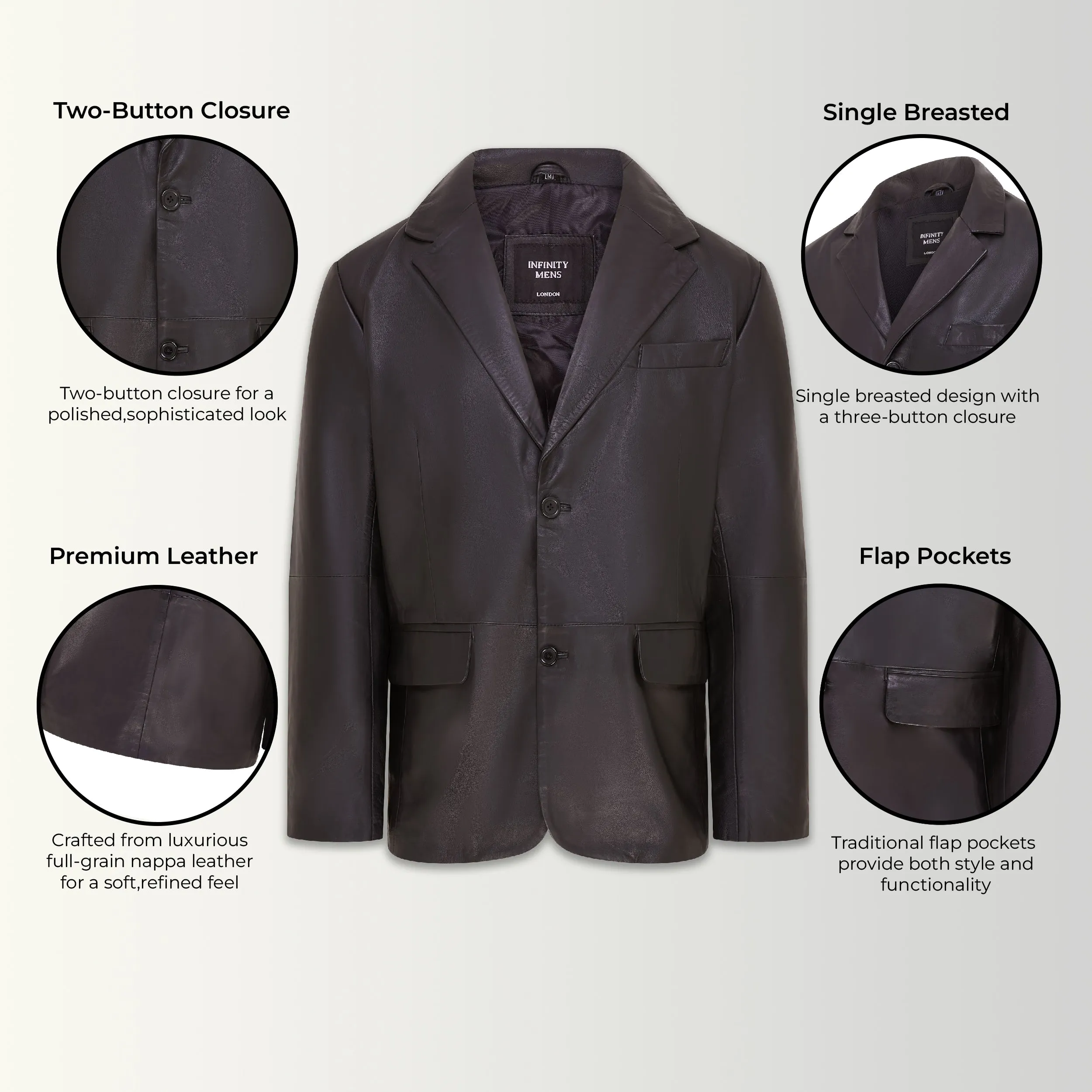 Men's 2 Button Black Leather Blazer Jacket - Bergen