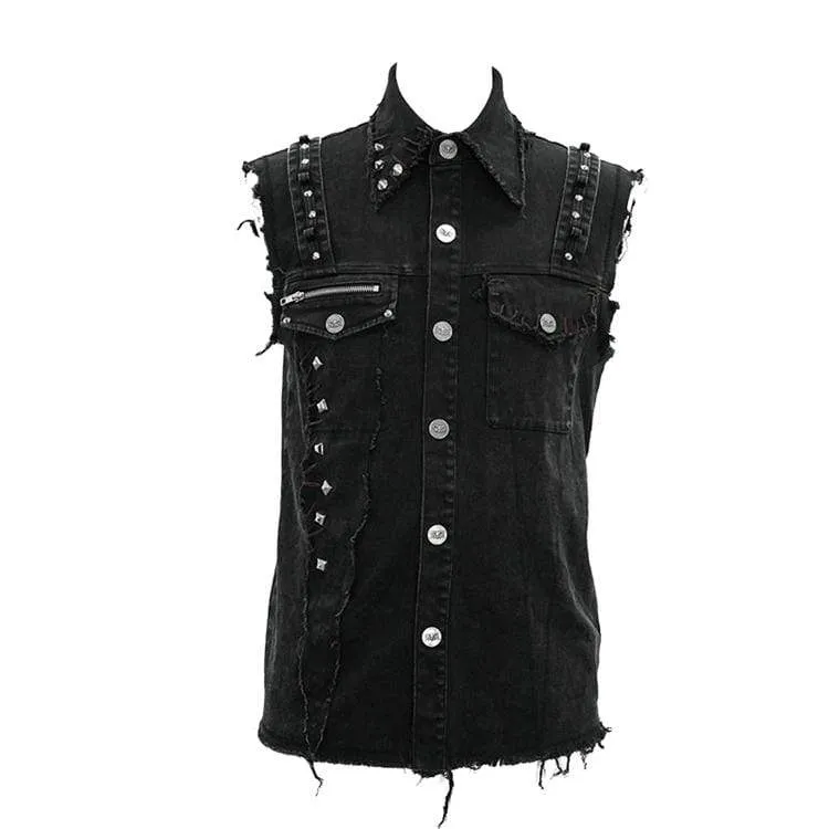 Men's Punk Rivets Ripped Denim Waistcoat