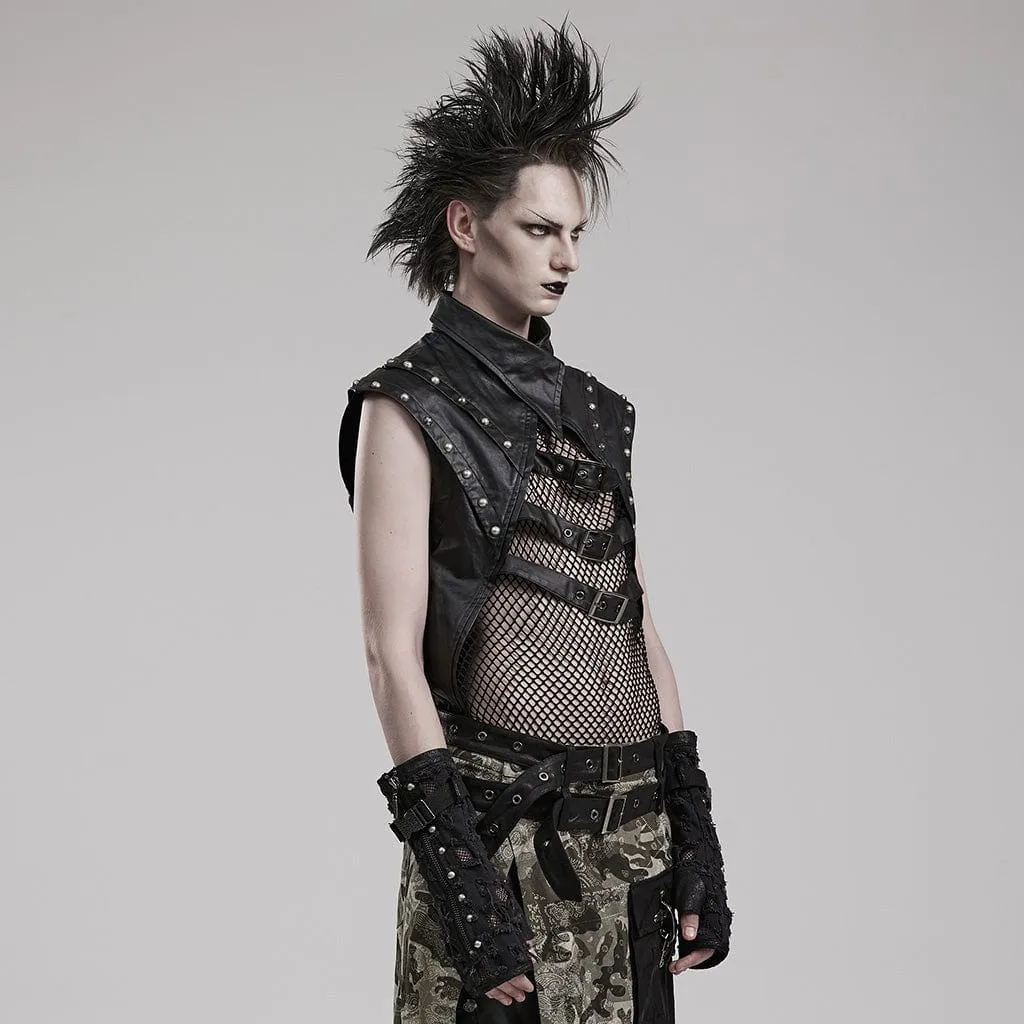 Men's Punk Splice Mesh Faux Leather Vest