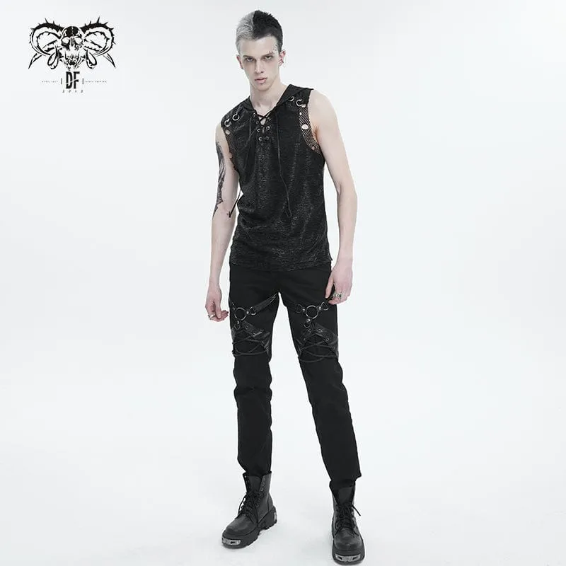 Men's Punk Strappy Mesh Splice Vest with Hood