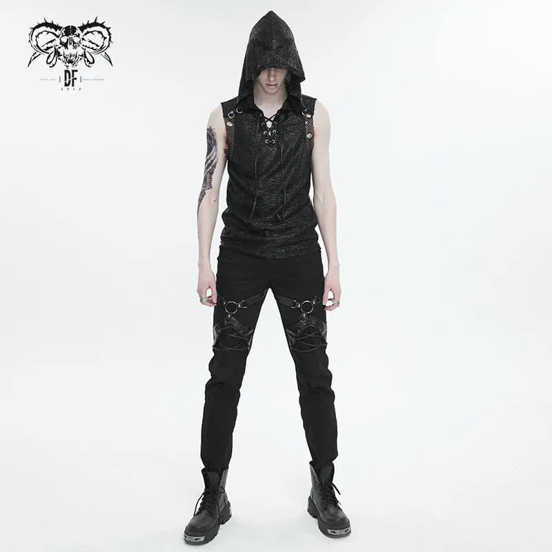 Men's Punk Strappy Mesh Splice Vest with Hood