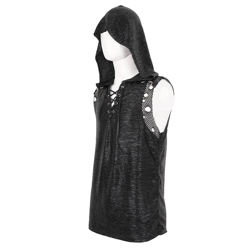 Men's Punk Strappy Mesh Splice Vest with Hood
