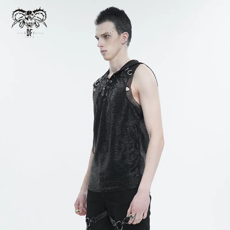 Men's Punk Strappy Mesh Splice Vest with Hood