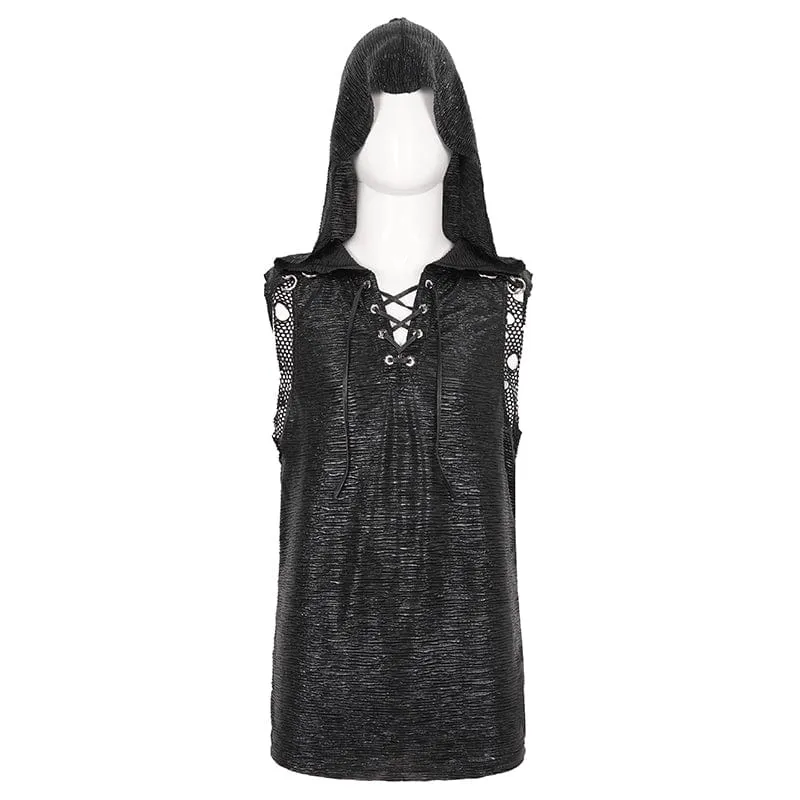 Men's Punk Strappy Mesh Splice Vest with Hood