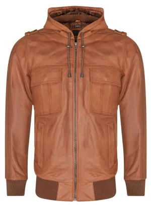 Mens Tan Leather Hooded Bomber Jacket - Tirana