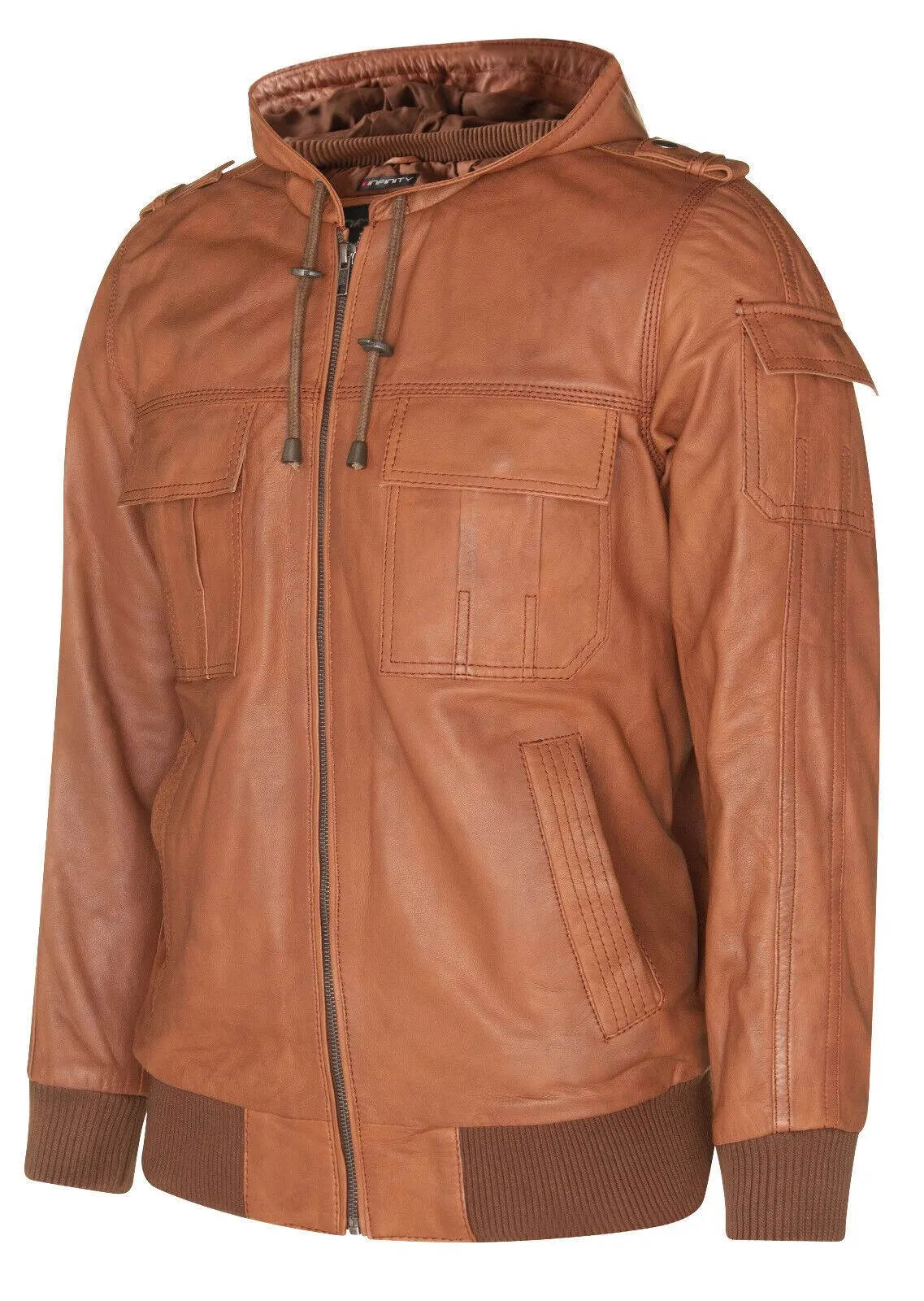 Mens Tan Leather Hooded Bomber Jacket - Tirana