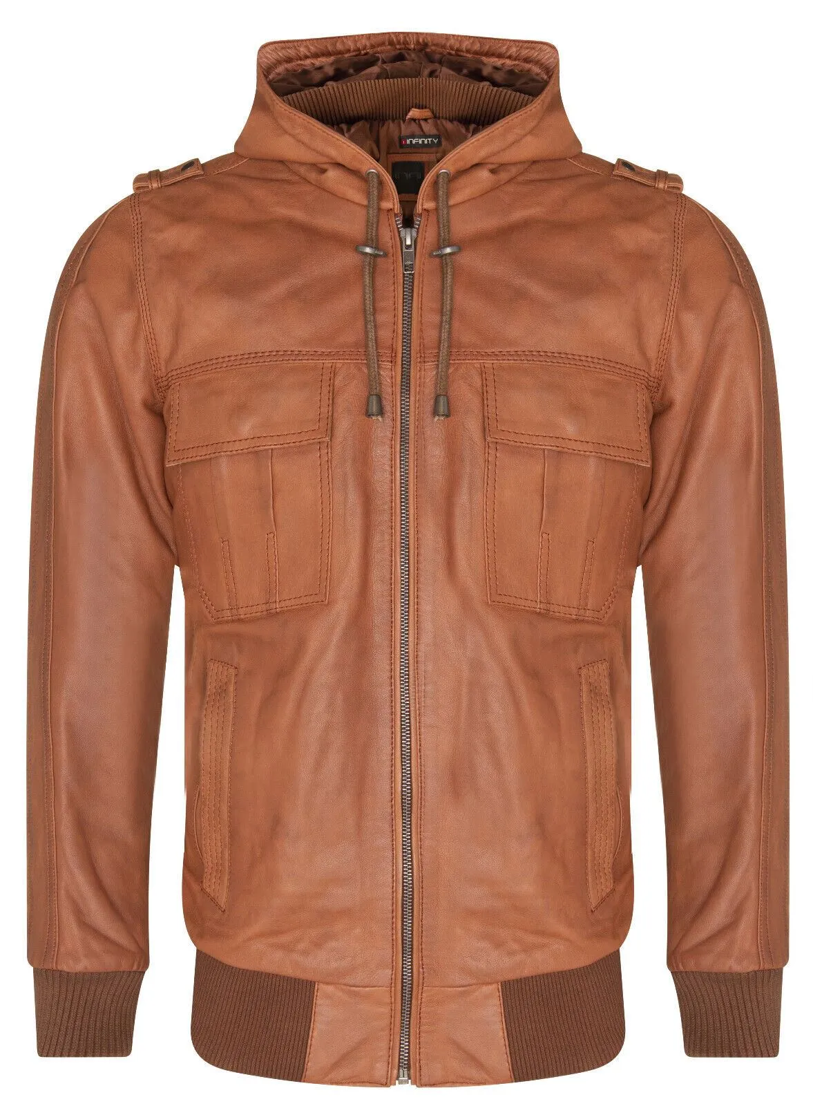 Mens Tan Leather Hooded Bomber Jacket - Tirana