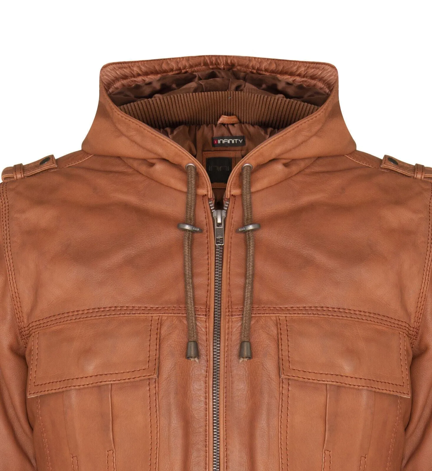 Mens Tan Leather Hooded Bomber Jacket - Tirana