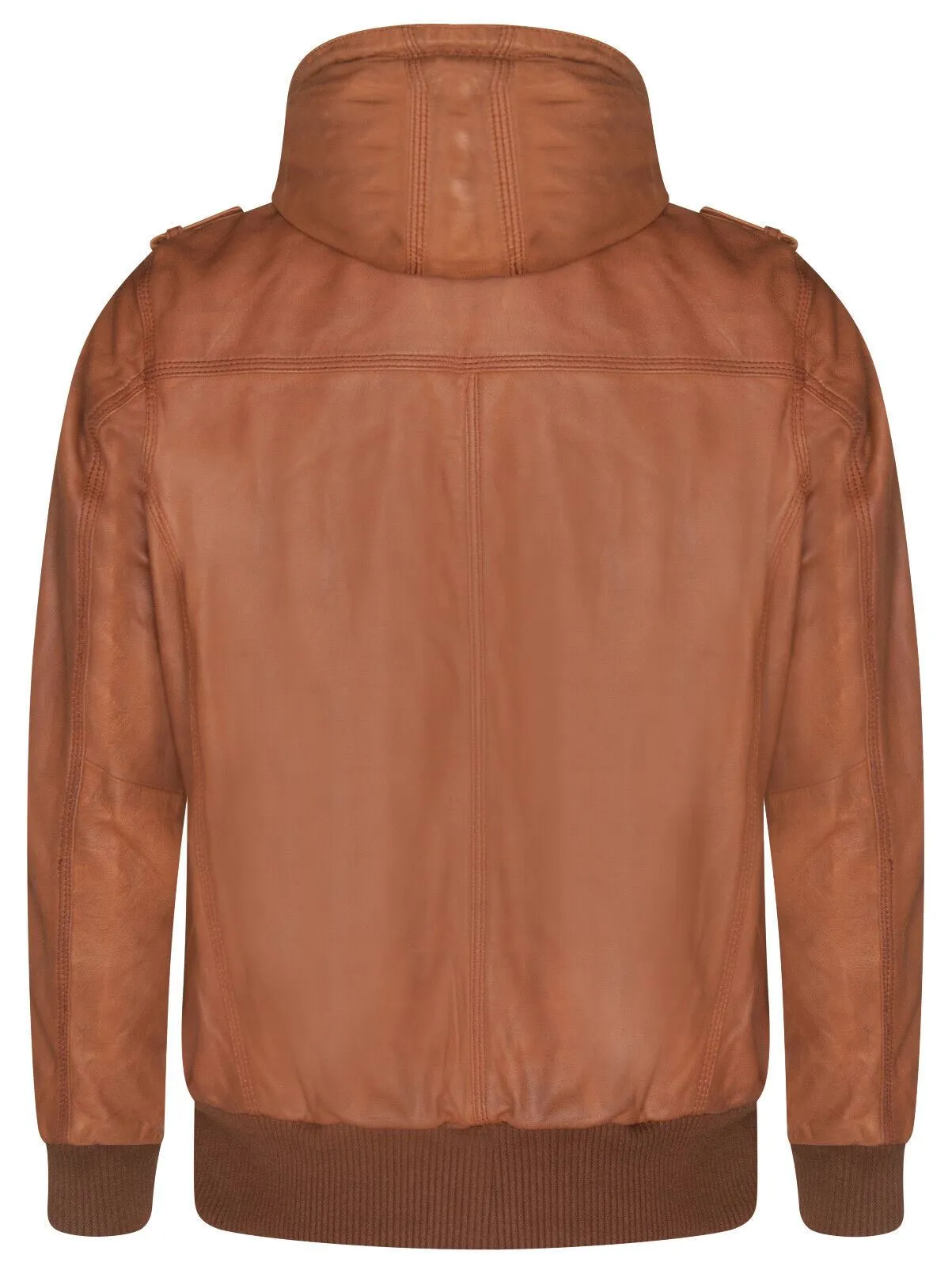 Mens Tan Leather Hooded Bomber Jacket - Tirana