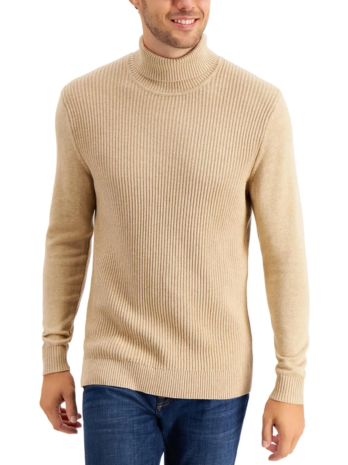 Mens Textured Cotton Turtleneck Sweater