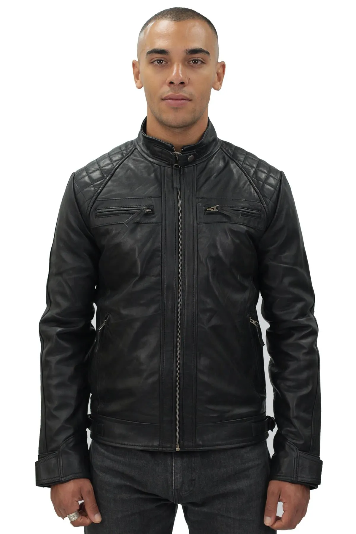 Men's Vintage Leather Quilted Biker Jacket-Monaco