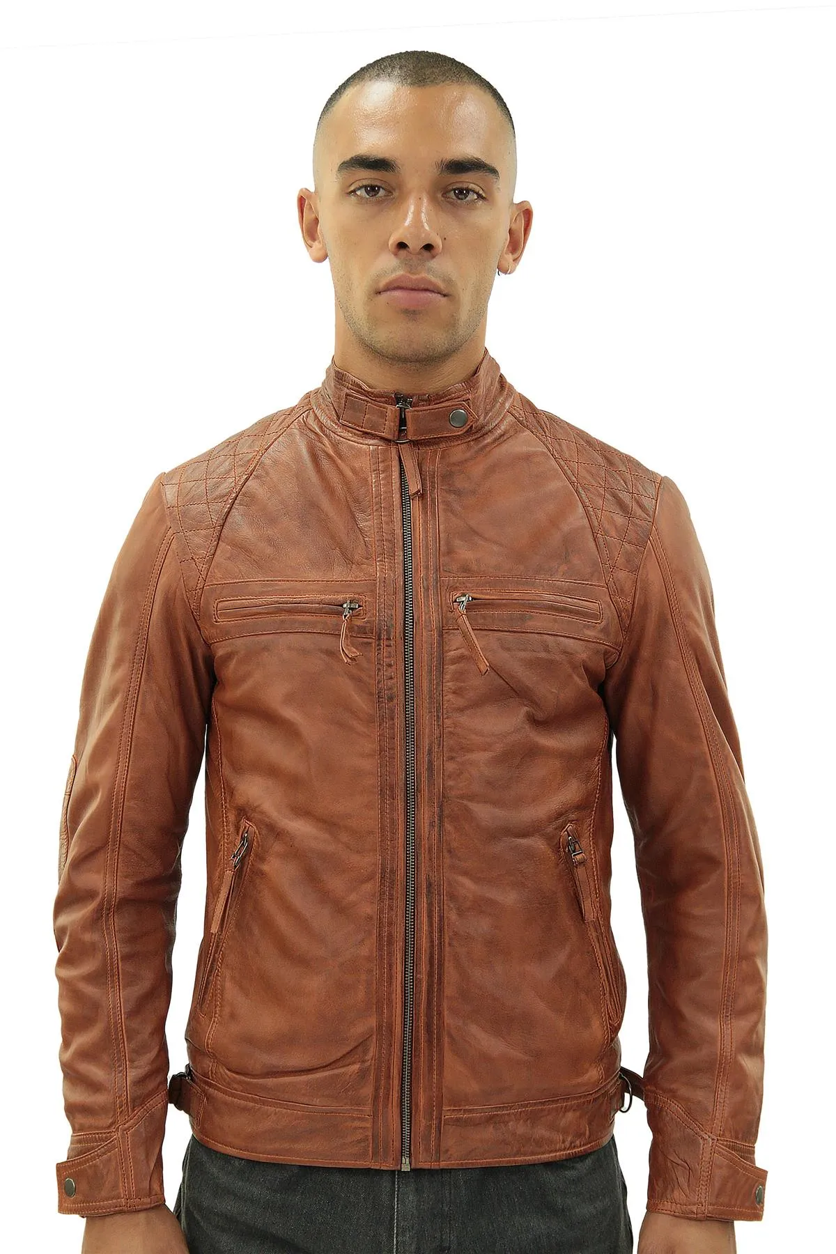 Men's Vintage Leather Quilted Biker Jacket-Monaco