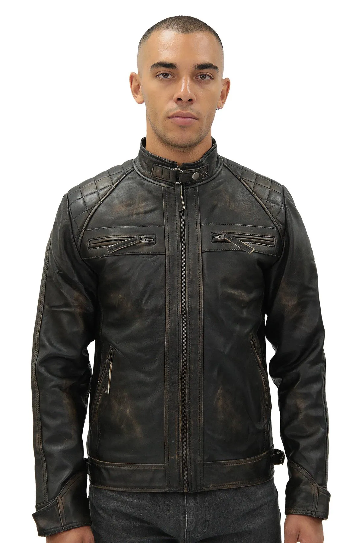 Men's Vintage Leather Quilted Biker Jacket-Monaco