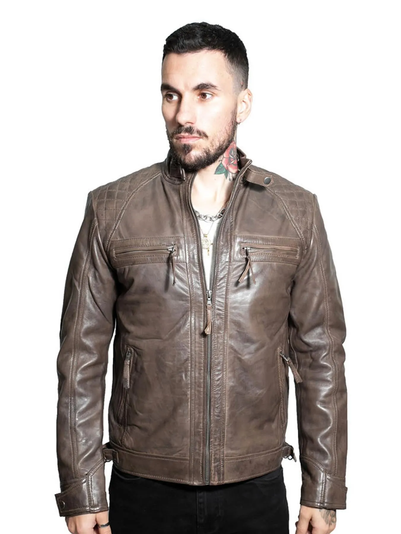 Men's Vintage Leather Quilted Biker Jacket-Monaco