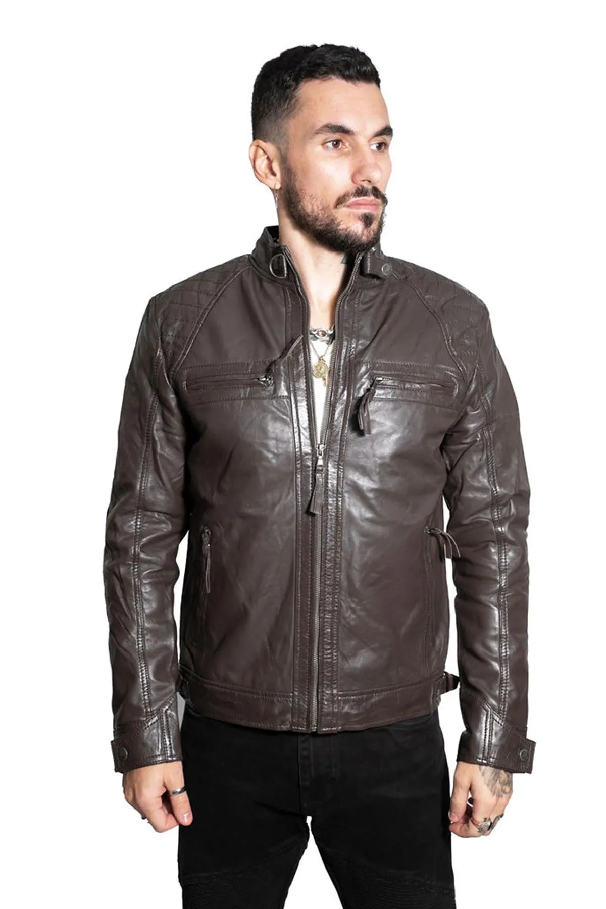Men's Vintage Leather Quilted Biker Jacket-Monaco