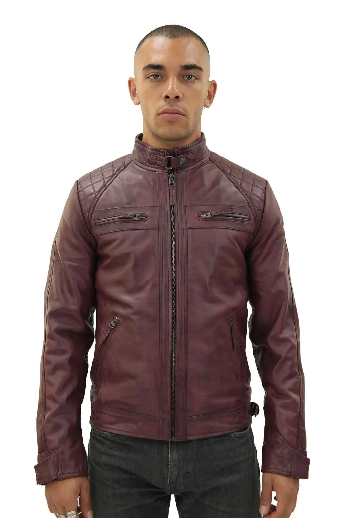 Men's Vintage Leather Quilted Biker Jacket-Monaco